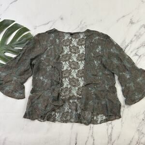 Womens Vintage Y2k Lace Shrug Sheer Top Size M Blue Brown Floral Ruffles